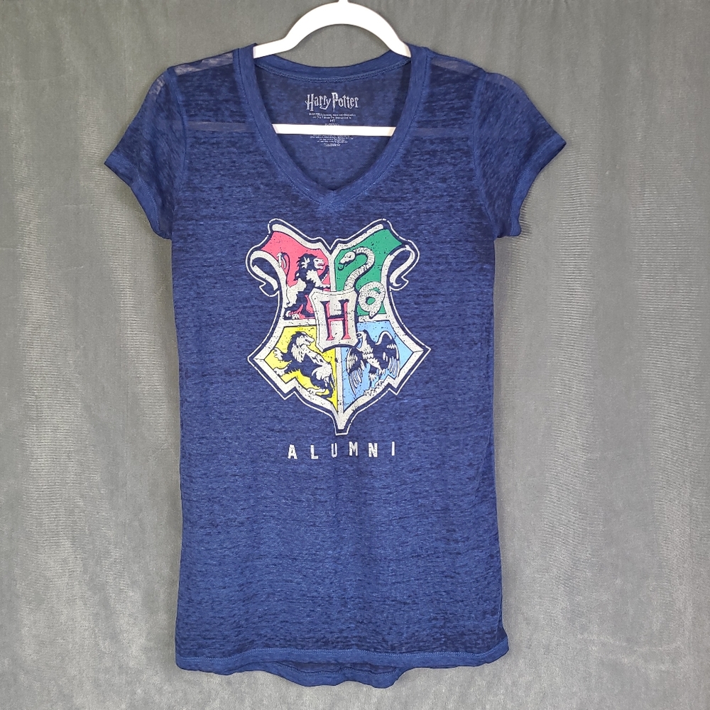 Harry Potter Hogwarts Alumni Crest Women’s Blue Sheer V-Neck T-Shirt - Size XS